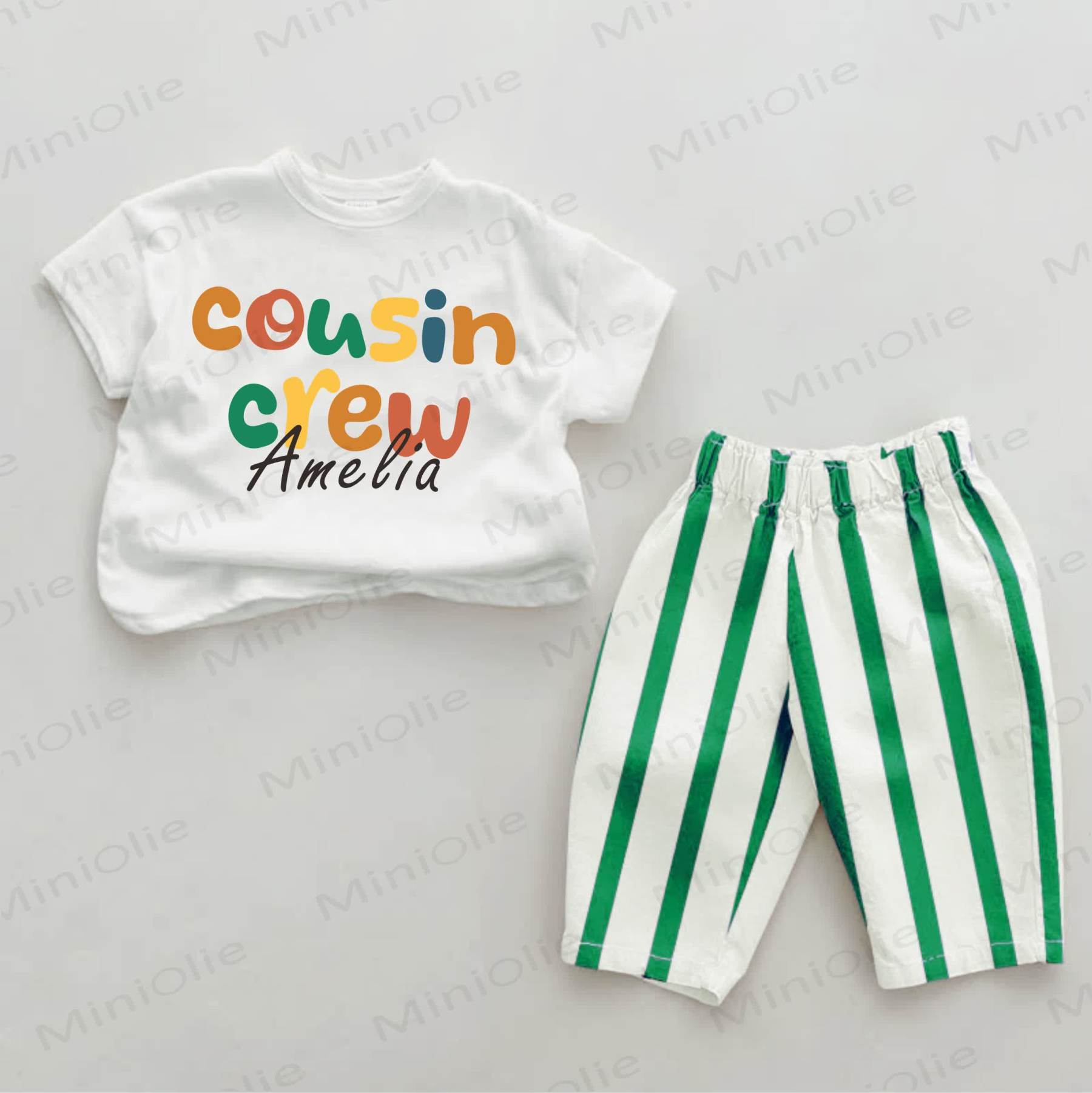 Custom Name COUSIN CREW Baby Green Striped 2-piece Set - image 1