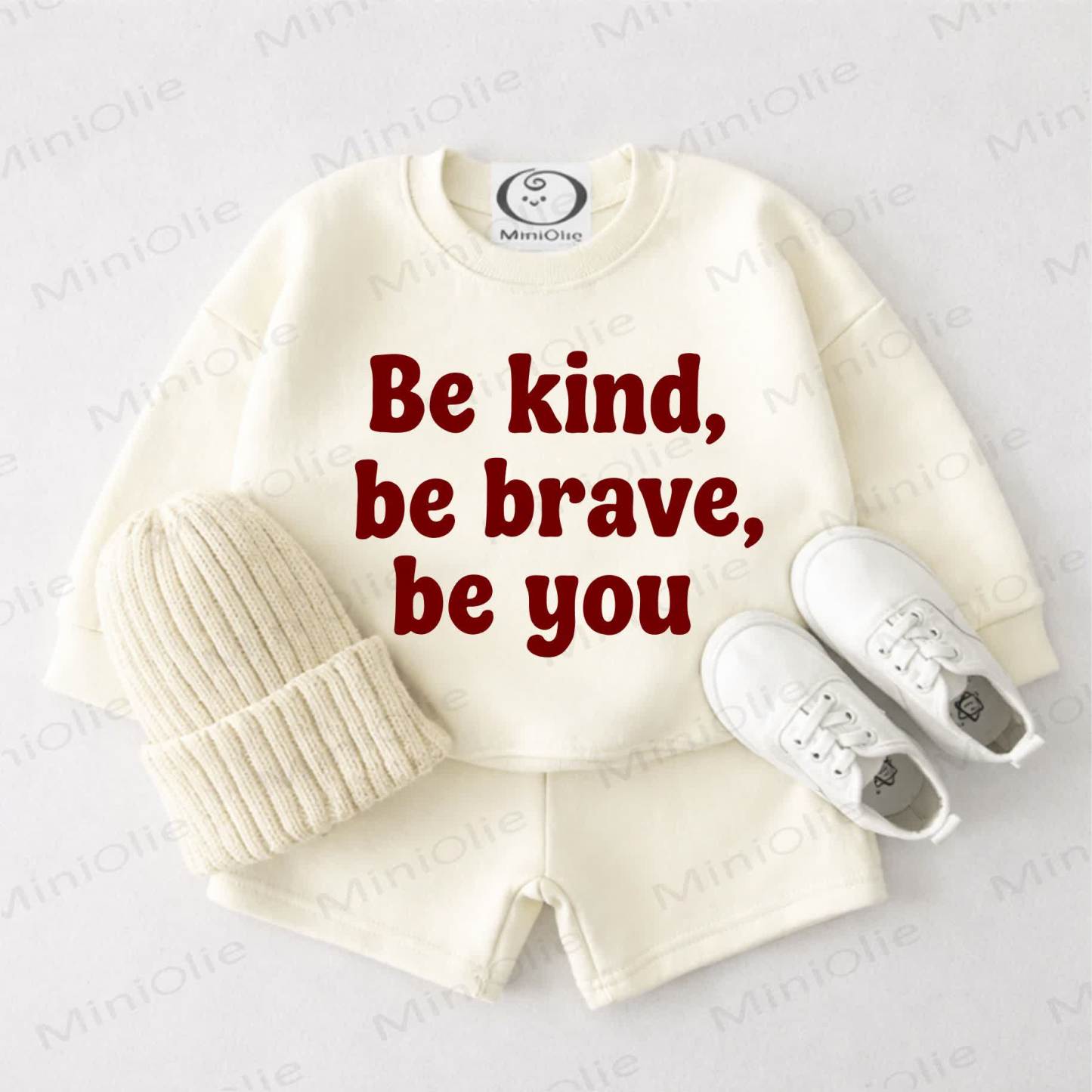 BE KIND BE BRAVE BE YOU Baby Cream White Sweatshirt and Shorts 2-piece Set - Cream White - 3-4T - image 1