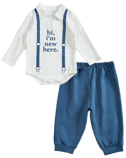 Toddler Baby I'm New Here Crew Long Sleeve Snap Closure Romper Top Jogger Pants Set - image 7