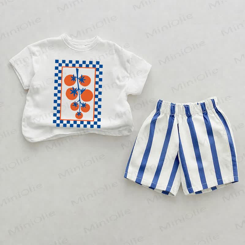 Baby Checkerboard Tomato Blue Vertical Striped 2-piece Shorts Set - White&Blue - 2-3T - image 1