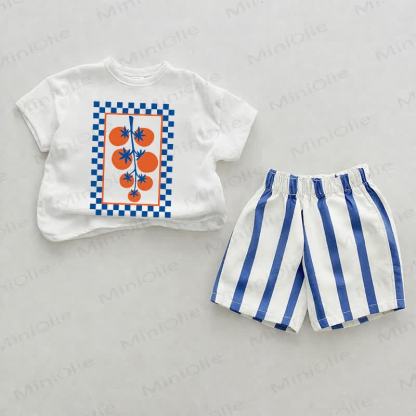 Baby Checkerboard Tomato Blue Vertical Striped 2-piece Shorts Set - White&Blue - 2-3T - image 1