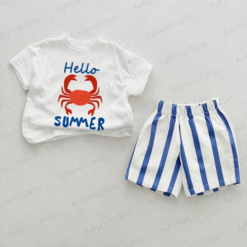 HELLO SUMMER Baby Crab Blue Vertical Striped 2-piece Shorts Set - White&Blue - 2-3T - image 1