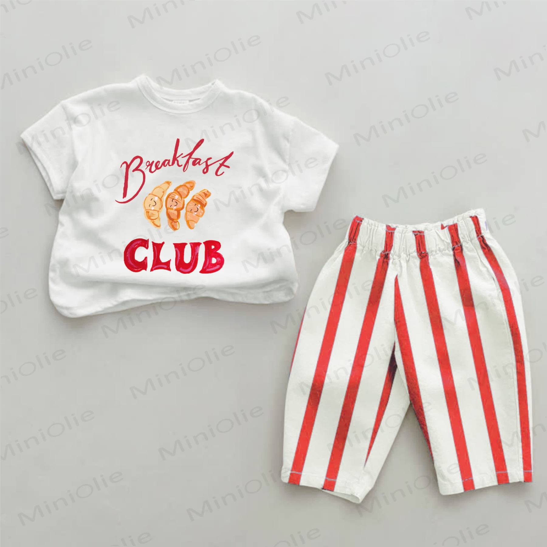 BREAKFAST CLUB Baby Croissant Print Red Striped 2-piece Set - White&Red - 2-3T - image 1