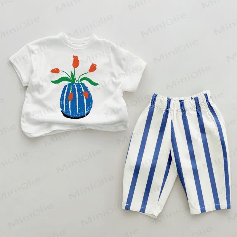Baby Tulip Flower Pot Blue Vertical Striped Pants 2-piece Set - White&Blue - 2-3T - image 1