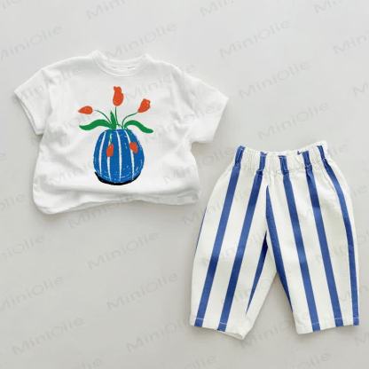 Baby Tulip Flower Pot Blue Vertical Striped Pants 2-piece Set - White&Blue - 2-3T - image 1