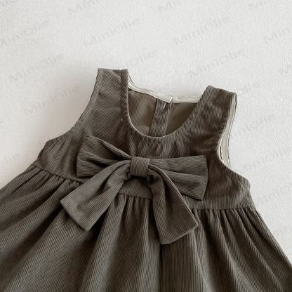 Toddler Girl Cord Bow Green Sleeveless Dress/Beige Baby Collar Top - image 11