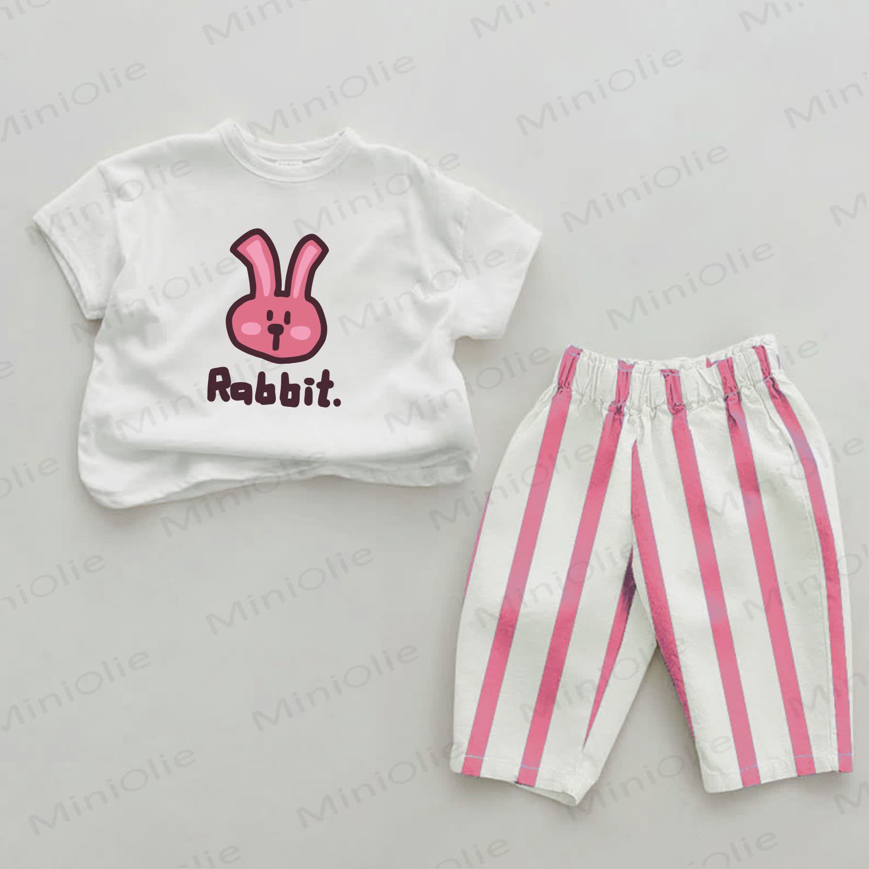 RABBIT Baby Pink Rabbit Print Vertical Striped 2-piece Set - White&Pink - 2-3T - image 1