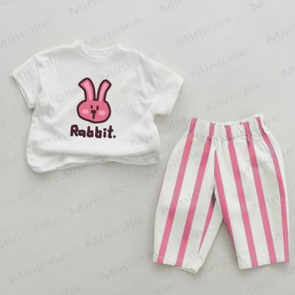 RABBIT Baby Pink Rabbit Print Vertical Striped 2-piece Set - White&Pink - 2-3T - image 1