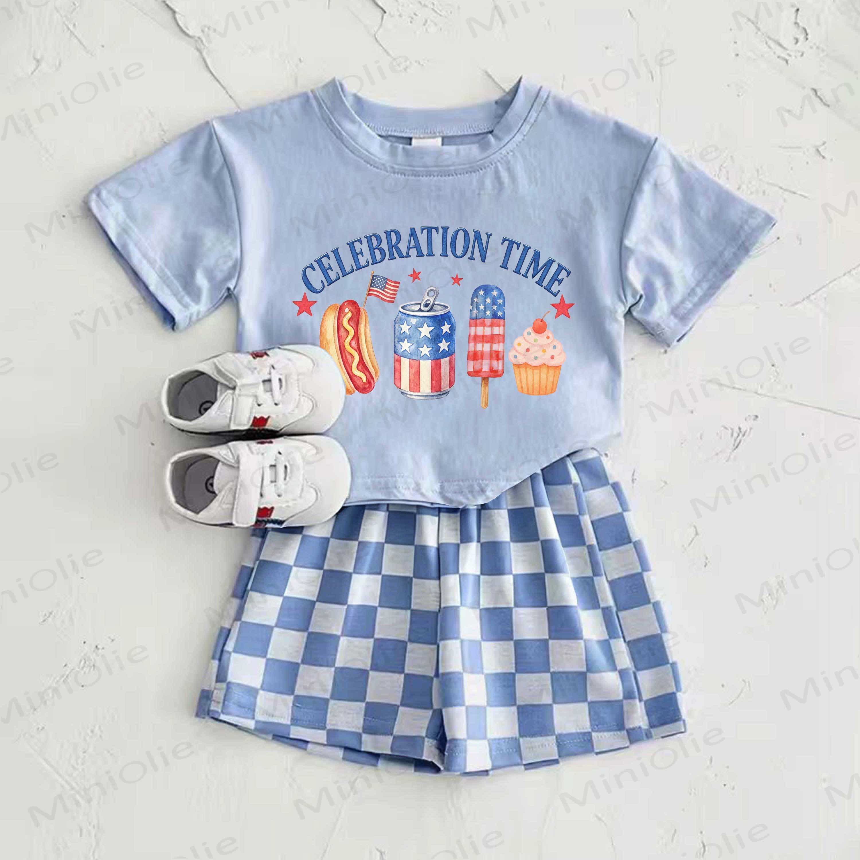 CELEBRATION TIME Baby Blue American Flag Food Print T-shirt and Plaid Pants 2-Piece Set - Blue - 2-3T - image 1
