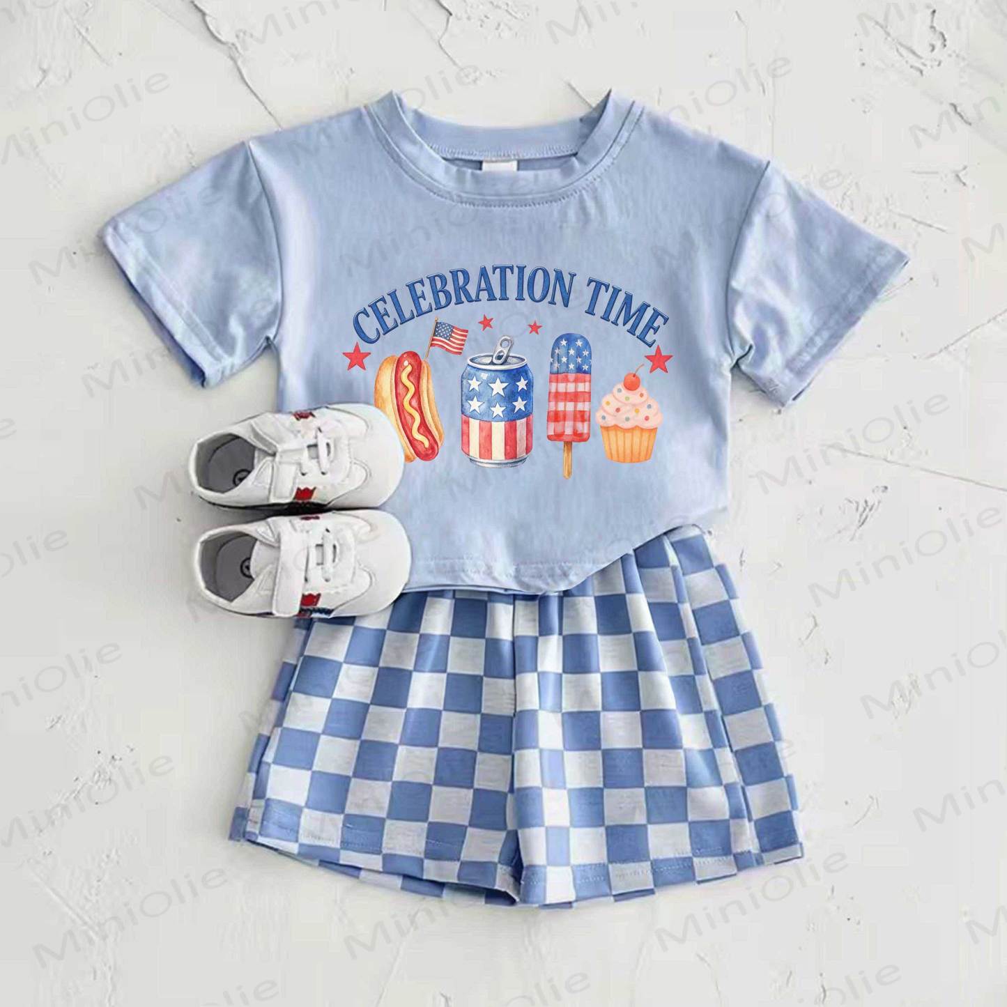 CELEBRATION TIME Baby Blue American Flag Food Print T-shirt and Plaid Pants 2-Piece Set - Blue - 2-3T - image 1