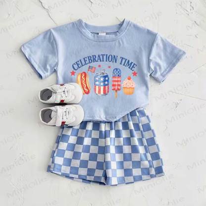 CELEBRATION TIME Baby Blue American Flag Food Print T-shirt and Plaid Pants 2-Piece Set - Blue - 2-3T - image 1
