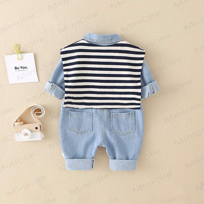 Baby Blue Denim Romper with Striped Shawl - image 3