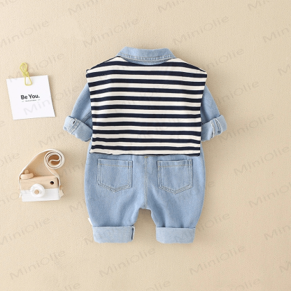 Baby Blue Denim Romper with Striped Shawl - image 3