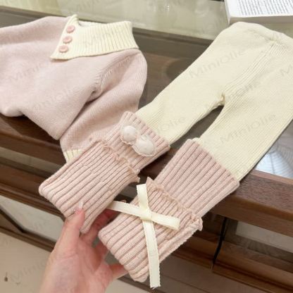 Baby Toddler Bow Knit Pink 2-piece Set - Beige Pink Leggings - 8Y - image 4