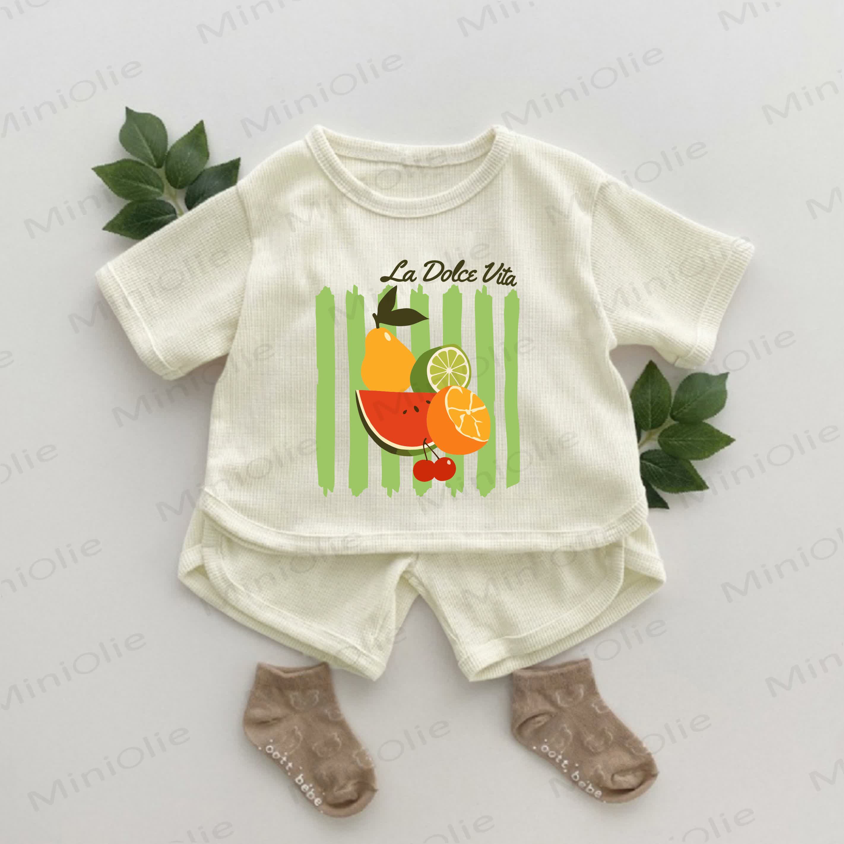 LA DOLCE VITA Baby Fruit Print Stripe Waffle 2-piece Set - Apricot - 2-3T - image 1