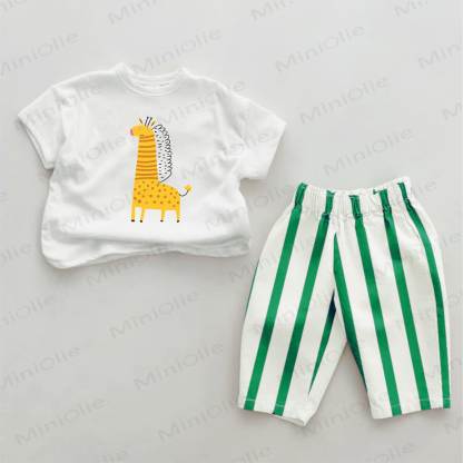 Baby Green Giraffe Print Vertical Striped 2-piece Set - White&Green - 2-3T - image 1