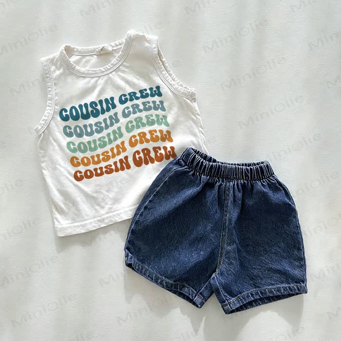 COUSIN CREW Baby Denim Shorts 2-Piece Set - White&Blue - 3-5T - image 1