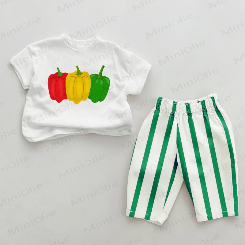 Baby Green Bell Pepper Print Vertical Striped 2-piece Set - White&Green - 2-3T - image 1