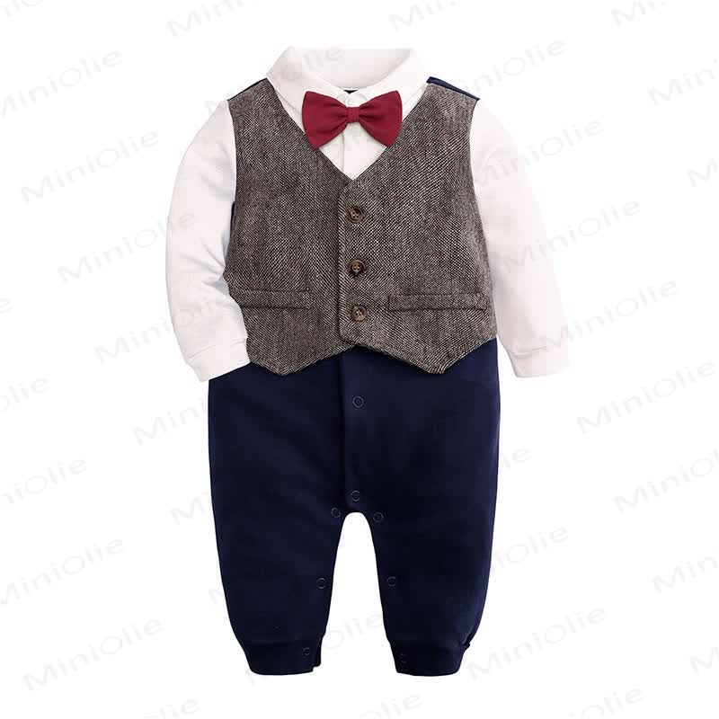 Baby Boy Bow Tie Gentleman Suit Romper - Coffee - 12-18M - image 4