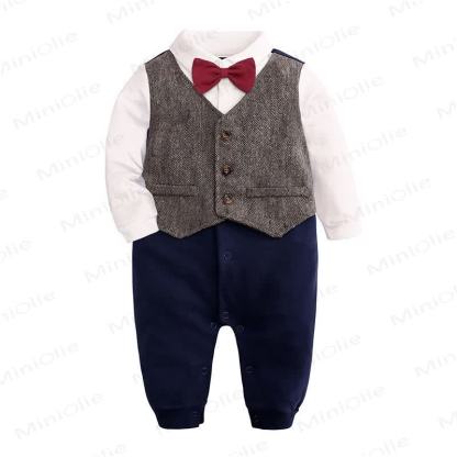 Baby Boy Bow Tie Gentleman Suit Romper - Coffee - 12-18M - image 4