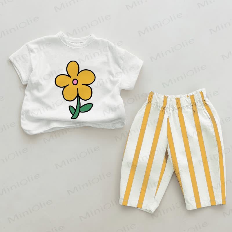 Baby Flower Print White&Yellow Vertical Striped 2-piece Set - White&Yellow - 2-3T - image 1