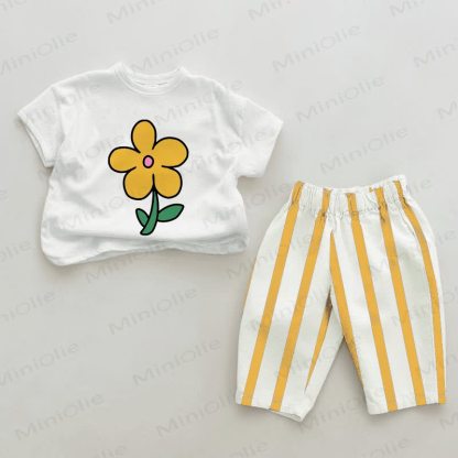 Baby Flower Print White&Yellow Vertical Striped 2-piece Set - White&Yellow - 2-3T - image 1