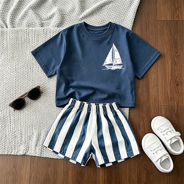Baby Toddler Blue Sailboat Tee and Stripe Shorts 2-piece Set - Blue - 3-5T - image 1