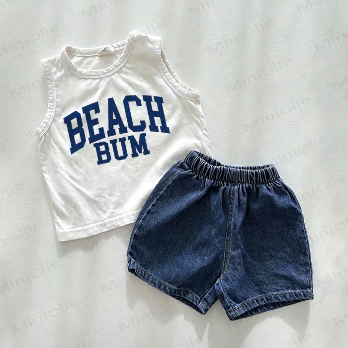 BEACH BUM Baby Tank and Denim Shorts 2-Piece Set - White&Blue - 3-5T - image 1
