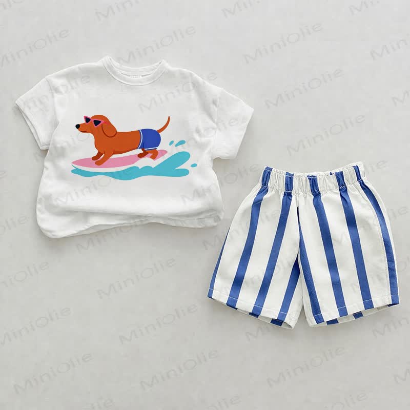Baby Surfing Dachshund Blue Vertical Striped 2-piece Shorts Set - White&Blue - 2-3T - image 1
