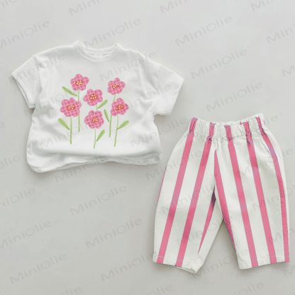 Baby Girls Flower Print Pink Vertical Striped 2-piece Set - White&Pink - 2-3T - image 1