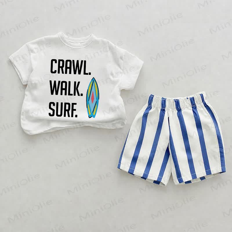 Crawl. Walk. Surf. Baby Blue Vertical Striped 2-piece Shorts Set - White&Blue - 2-3T - image 1
