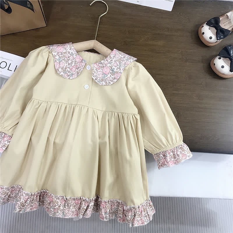 Toddler Flower Lapels Pastoral Style Dress - Khaki - 10Y - image 8