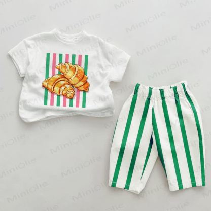 Baby Green Croissant Print Vertical Striped 2-piece Set - White&Green - 2-3T - image 1