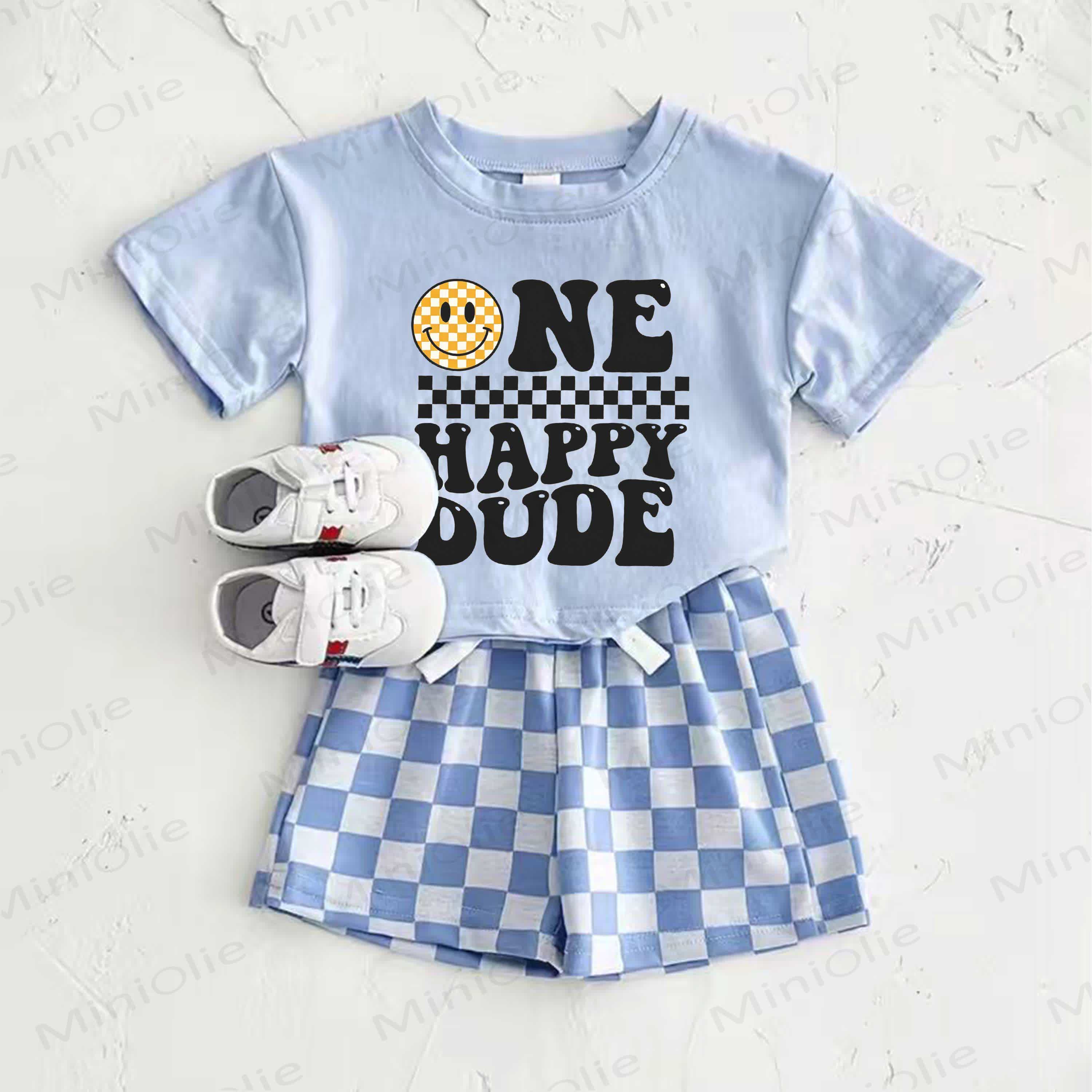 ONE HAPPY DUDE Baby Blue Smiley Face Print T-shirt and Plaid Pants 2-Piece Set - Blue - 2-3T - image 1