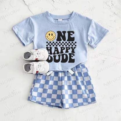 ONE HAPPY DUDE Baby Blue Smiley Face Print T-shirt and Plaid Pants 2-Piece Set - Blue - 2-3T - image 1