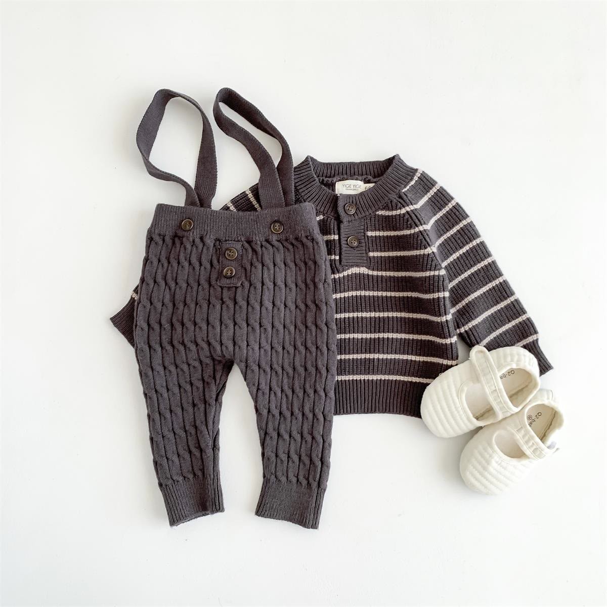 Baby Button Broad-striped Knitted Sweater Overalls