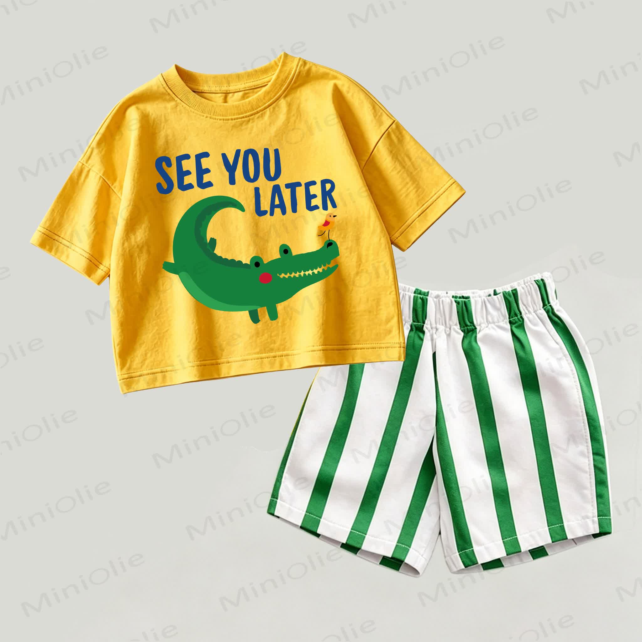 SEE YOU LATER Baby Crocodile and Bird Yellow&Green Top and Striped Shorts 2-piece Set - Yellow&Green - 2-3T - image 1