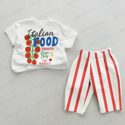 ITALIAN FOOD Baby Tomatoes Red Striped Pants 2-piece Set - White&Red - 2-3T - image 1