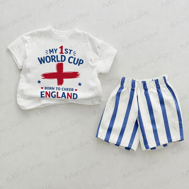 MY 1ST WORLD CUP BORN TO CHEER ENGLAND Baby Blue Slogan Vertical Striped 2-piece Set - White&Blue - 2-3T - image 1