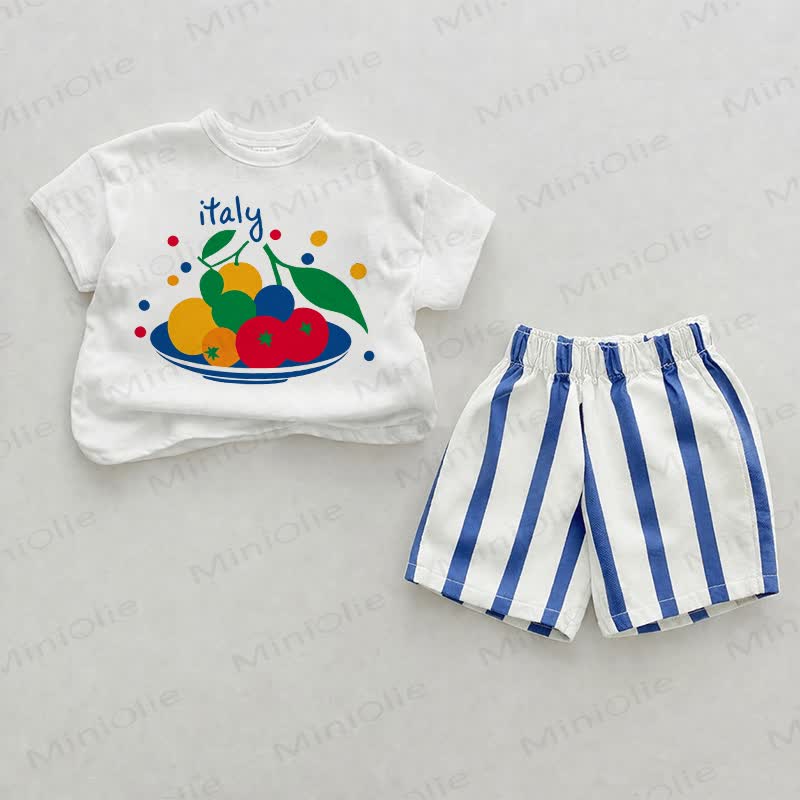 ITALY Baby Blue Fruit Plate Vertical Striped 2-piece Shorts Set - White&Blue - 2-3T - image 1
