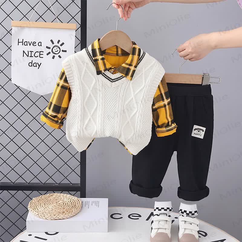 Toddler Boy Vintage Animal/Smiley Face Set - Yellow Plaid 3-piece Set - 4-5T - image 24