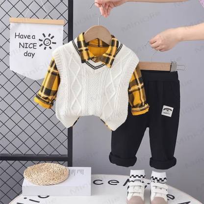 Toddler Boy Vintage Animal/Smiley Face Set - Yellow Plaid 3-piece Set - 4-5T - image 24