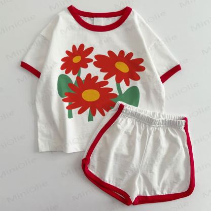 Baby Red Flower T-shirt and Shorts 2-Piece Set - White&Red - 3-5T - image 1
