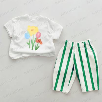 Baby Green Floral Vertical Striped 2-piece Set - White&Green - 2-3T - image 1