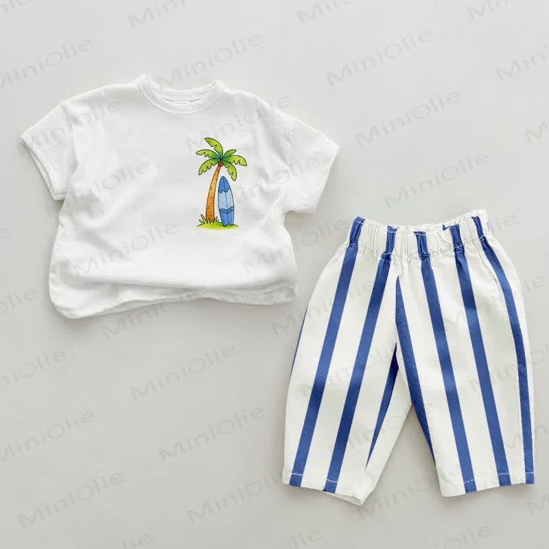 Baby Summer Palm Tree & Surfboard Blue Vertical Striped Pants 2-piece Set - White&Blue - 2-3T - image 1