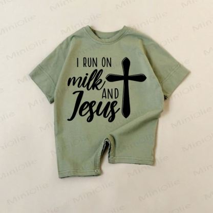 I RUN ON MILK AND JESUS Baby Cross Green Romper - Green - 18-24M - image 1