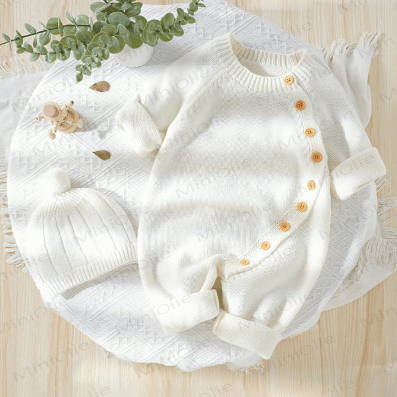 Baby Solid Color Knit Romper with Hat - image 11