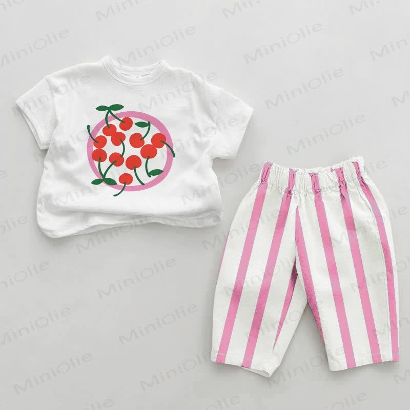 Baby Pink Cherry Vertical Striped 2-piece Set - White&Pink - 2-3T - image 1