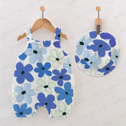 Baby Blue Flower Print White Jumpsuit with Hat - Blue - 18-24M - image 1