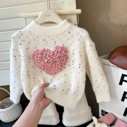 Kid Girl Pink Heart Knitted Pullover Sweater - Beige - 10Y - image 8